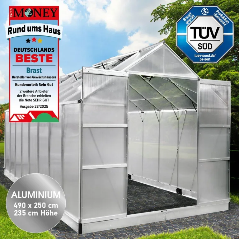 BRAST Gewächshaus Aluminium mit Fundament | 42 Modelle | 130x190x195cm - 490x250x235cm | TÜV geprüft | 6mm Hohlkammerplatten | rostfrei wetterfest temperaturbeständig | 490x250x235cm Silber – Bild 3