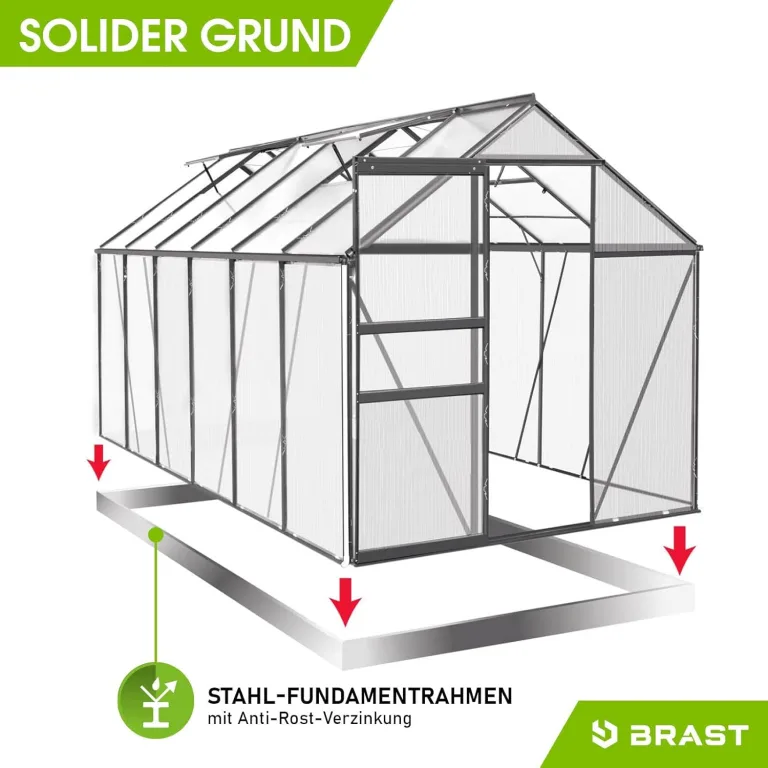 BRAST Gewächshaus Aluminium mit Fundament | 42 Modelle | 130x190x195cm - 490x250x235cm | TÜV geprüft | 6mm Hohlkammerplatten | rostfrei wetterfest temperaturbeständig | 380x190x195cm Grau – Bild 8