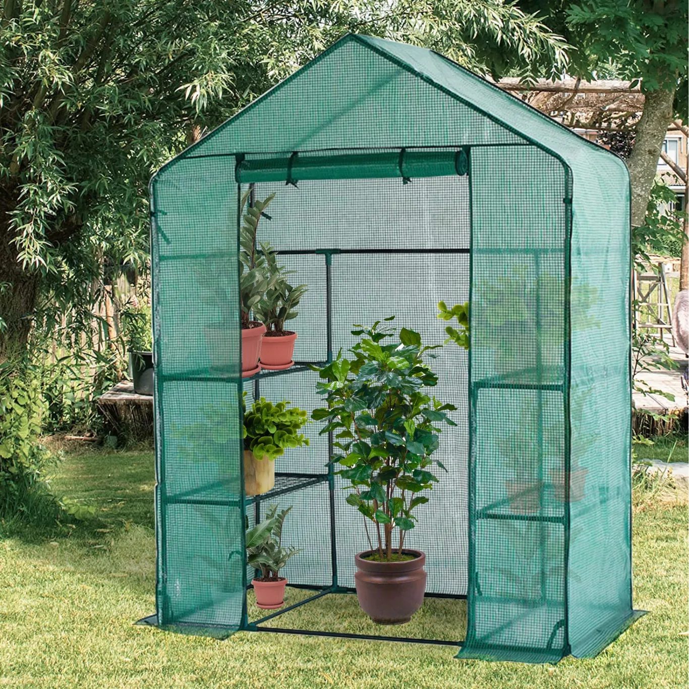 Gewächshaus mit wasserdichter PE-Gitterfolie - Foliengewächshaus- grün - Stahl - Tomatengewächshaus - Gartenhaus mit Pflanzenhaltern aus Stahl - Treibhaus - Balkon/Garten 143x73x196cm - Bild 1