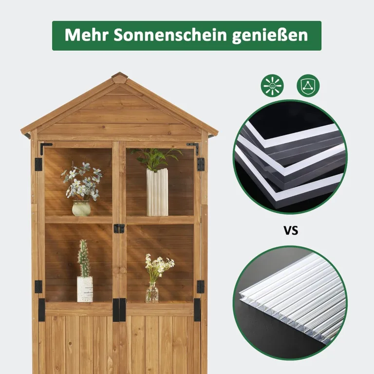M MCombo Gartenschrank Holz Klein, Outdoor Gartenhaus Gerätehaus Wetterfest, Gewächshaus für Balkon & Terrasse, 100 × 53 × 178 cm, 0111 (Natur) – Bild 5