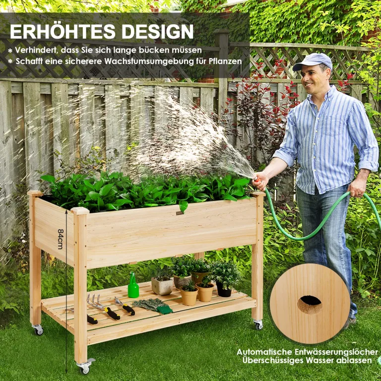 RELAX4LIFE Hochbeet mit Rollen, Gartenbeet aus Tannenholz, Pflanzkasten mit Ablage, Ablauflöchern & Abdeckfolie, Pflanzbeet Blumenkübel Kräuterbeet für Garten Balkon Terrasse, 120 x 59 x 84 cm, Natur – Bild 7