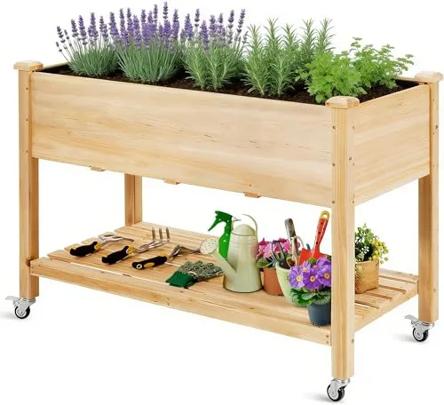 RELAX4LIFE Hochbeet mit Rollen, Gartenbeet aus Tannenholz, Pflanzkasten mit Ablage, Ablauflöchern & Abdeckfolie, Pflanzbeet Blumenkübel Kräuterbeet für Garten Balkon Terrasse, 120 x 59 x 84 cm, Natur – Bild 10