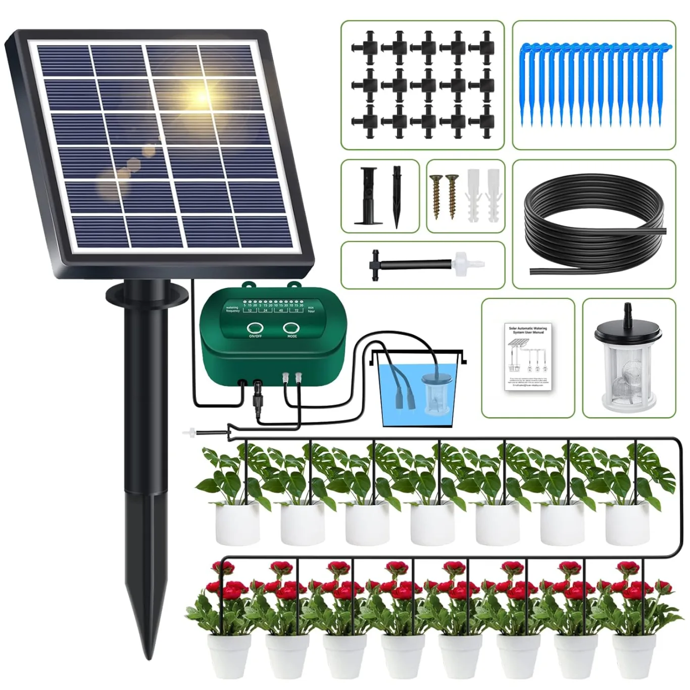 Solar Bewässerungssystem 2024 Neuestes Tröpfchenbewässerung system, Automatische Bewässerungssystem Garten mit 12 Timer-Modi +15 M Schlauch für Garten, Balkon Pflanzen, Kübelpflanzen im Freien - Bild 1