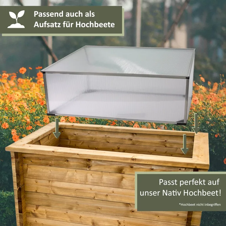 NATIV Frühbeet aus Aluminium | Hochbeet Abdeckung mit arretierbarem Dach | Frühbeetkasten mit Polycarbonatplatten | Frühbeetaufsatz für Hochbeet 100 x 60 cm | Mini Gewächshaus – Bild 6