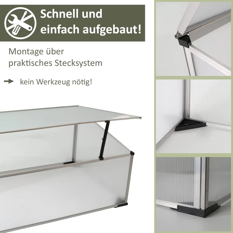 NATIV Frühbeet aus Aluminium | Hochbeet Abdeckung mit arretierbarem Dach | Frühbeetkasten mit Polycarbonatplatten | Frühbeetaufsatz für Hochbeet 100 x 60 cm | Mini Gewächshaus – Bild 3