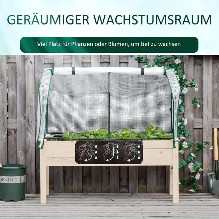 Outsunny Hochbeet Frühbeet mit Gewächshaus, Gemüsebeet mit Stoffauskleidung, Kräuterbeet mit Stahlrahmen, Blumenkasten für Garten, Balkon, Tannenholz, Natur 121 x 55 x 117cm – Bild 6