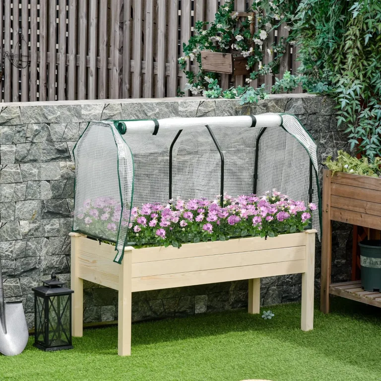 Outsunny Hochbeet Frühbeet mit Gewächshaus, Gemüsebeet mit Stoffauskleidung, Kräuterbeet mit Stahlrahmen, Blumenkasten für Garten, Balkon, Tannenholz, Natur 121 x 55 x 117cm – Bild 2