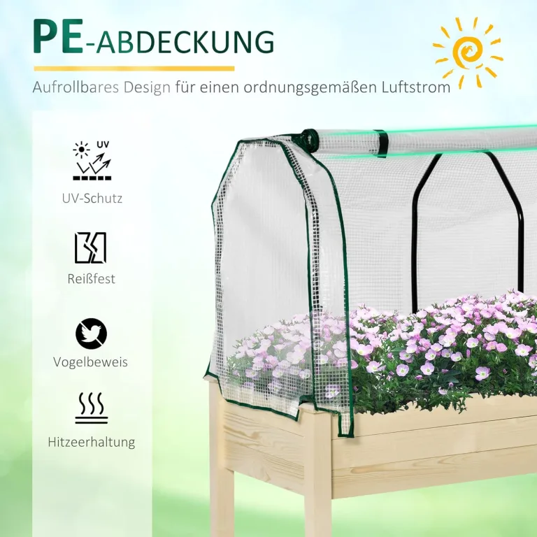 Outsunny Hochbeet Frühbeet mit Gewächshaus, Gemüsebeet mit Stoffauskleidung, Kräuterbeet mit Stahlrahmen, Blumenkasten für Garten, Balkon, Tannenholz, Natur 121 x 55 x 117cm – Bild 3