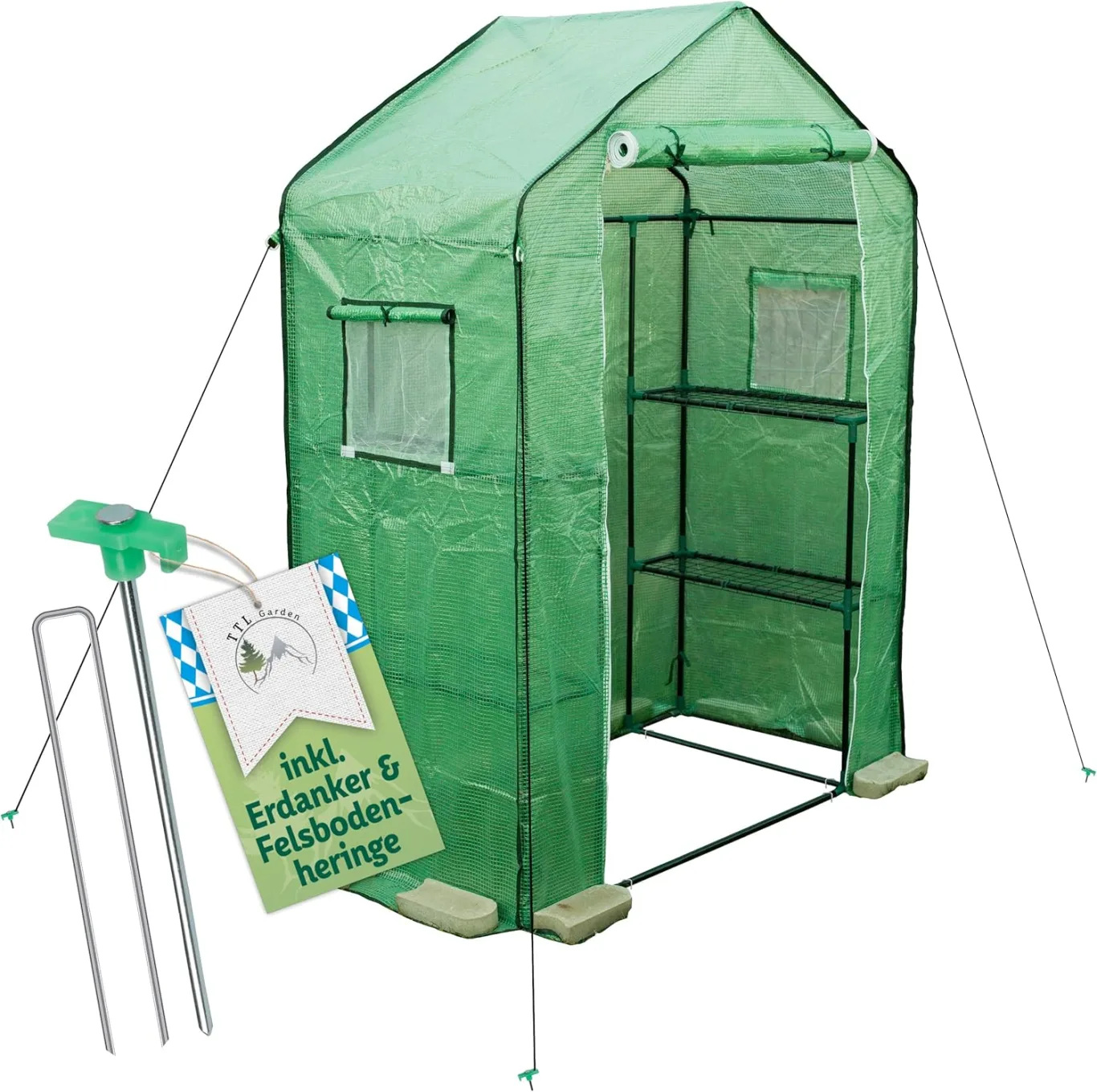 TTL Garden Foliengewächshaus 195 x 143 x 73 cm grün - Tomaten & Pflanzen Gewächshaus Treibhaus mit Gitter Schutzfolie, 2 Fenster mit Fliegengitter Bodenanker 6 Etagen + Regal Böden Winterfest - Bild 1