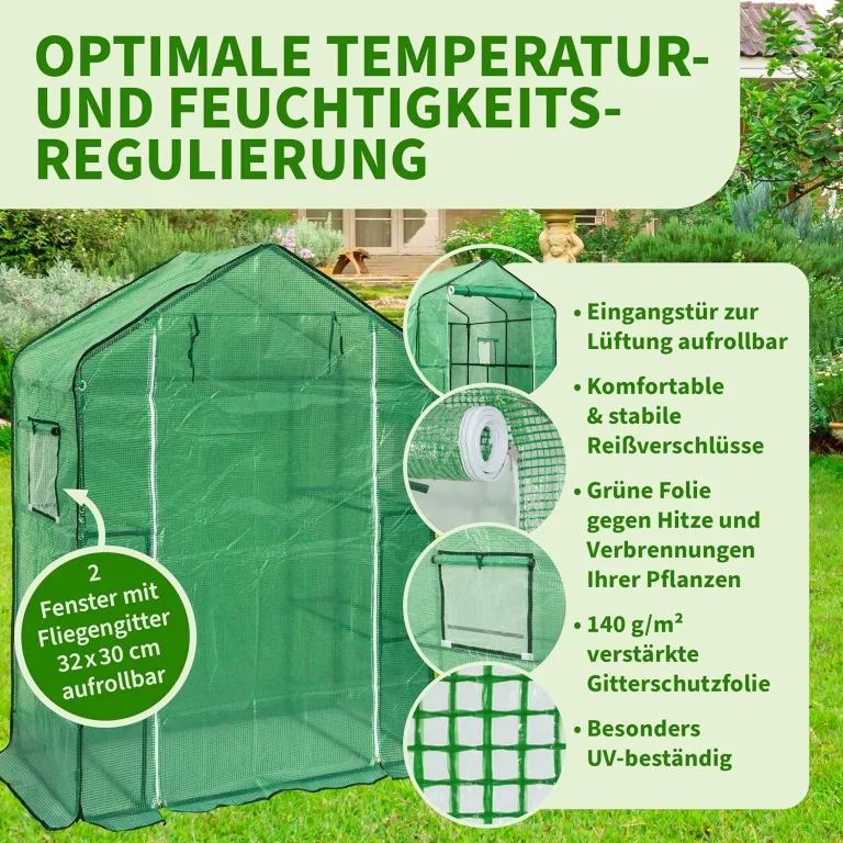 TTL Garden Foliengewächshaus 195 x 143 x 73 cm grün - Tomaten & Pflanzen Gewächshaus Treibhaus mit Gitter Schutzfolie, 2 Fenster mit Fliegengitter Bodenanker 6 Etagen + Regal Böden Winterfest – Bild 4