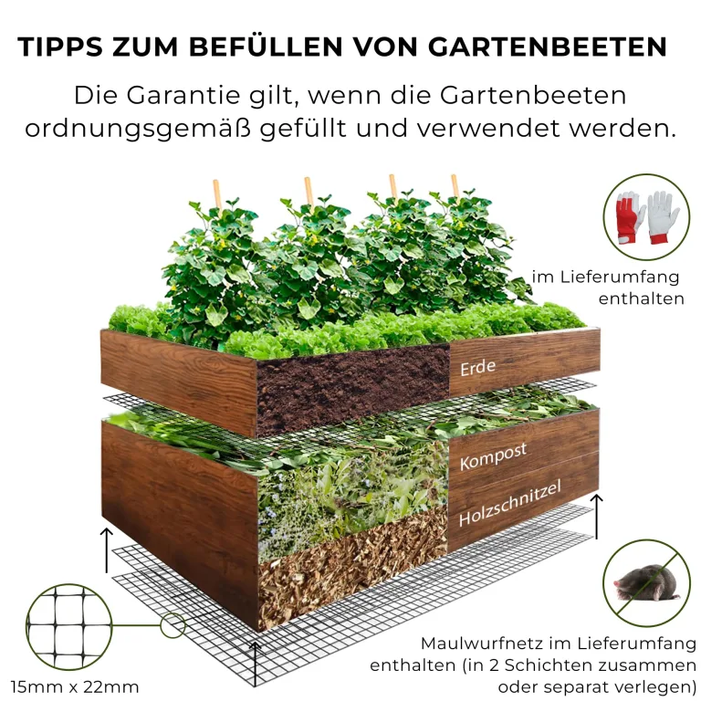 Hochbeet für Garten 170x85x63 cm Metall, Holzoptik - Hochbeet-Kit aus Premium-Polymerbeschichtetem Stahl, Rechteckig, Langlebiges Gartenbeet für Kräuter und Gemüse mit Maulwurfnetz – Bild 3