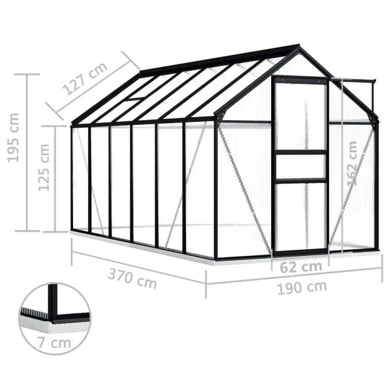 HOMIUSE Gewächshaus mit Fundamentrahmen Anthrazit Aluminimum 7,03 m³ 190x370x202 cm Gewächshaus Glas Balkon Gewächshaus Winterfest Gewächshaus Heizung Gewächshäuser Gewächshaus Groß Glashaus – Bild 6