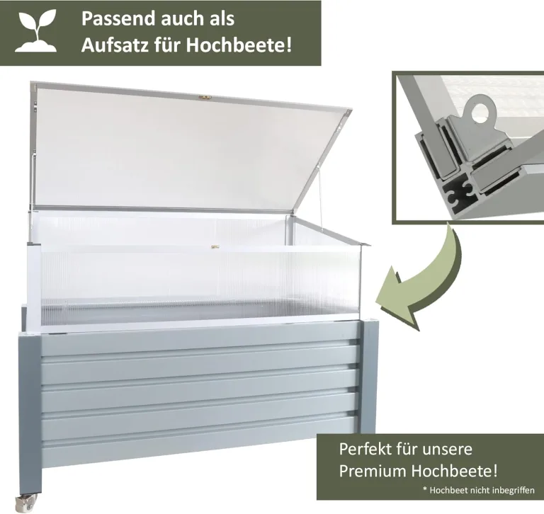 NATIV Frühbeet aus Aluminium | Frühbeetkasten 56,5 x 110 cm | Frühbeet Aufsatz für Hochbeet | Mini Gewächshaus | Hochbeet Abdeckung mit 2-Fach arretierbarem Dach – Bild 5