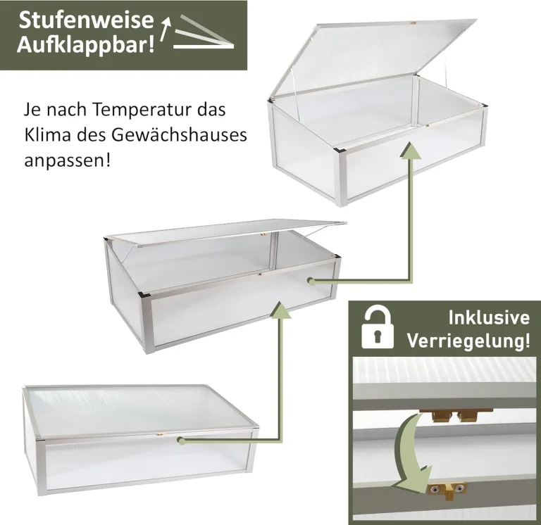 NATIV Frühbeet aus Aluminium | Frühbeetkasten 56,5 x 110 cm | Frühbeet Aufsatz für Hochbeet | Mini Gewächshaus | Hochbeet Abdeckung mit 2-Fach arretierbarem Dach – Bild 4