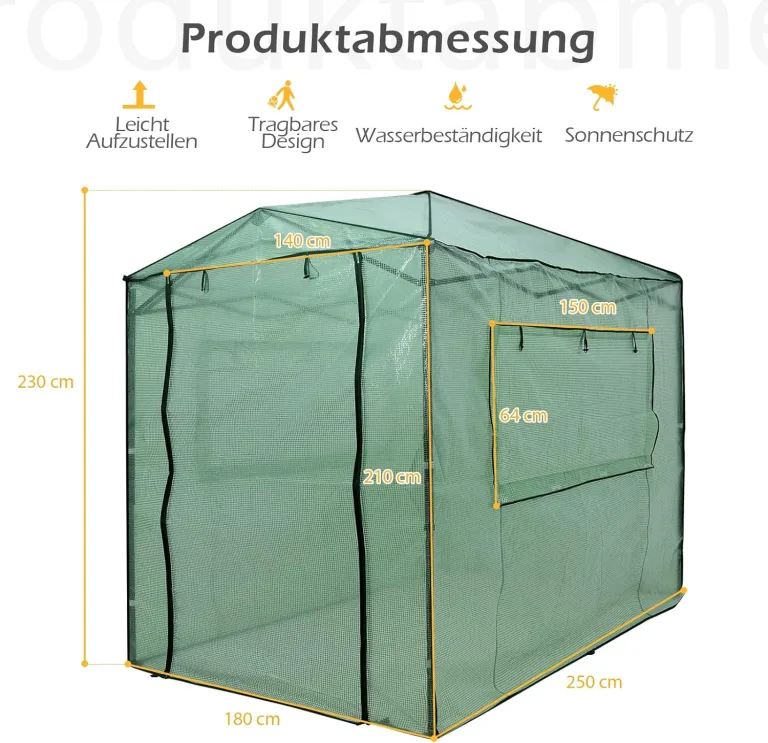 COSTWAY Gewächshaus Foliengewächshaus, 180x250x230cm, Treibhaus mit aufrollbaren Tür & 2 Fenstern, Tomatenhaus mit PE Gitterfolie, Pflanzenhaus Tomaten, Folienhaus Folienzelt, Grün – Bild 6
