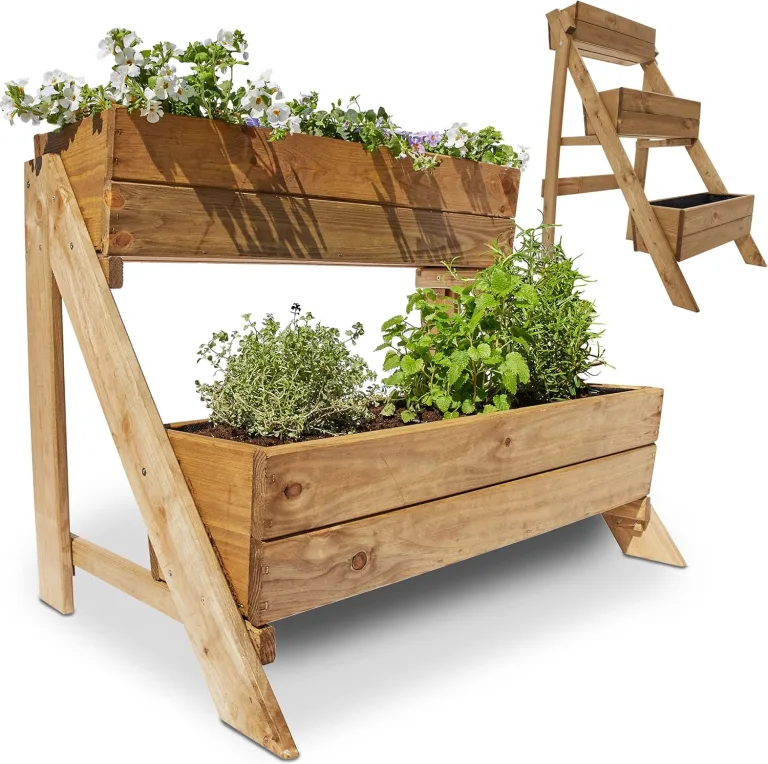Hochbeet – aus hochwertigem Holz – perfekt für Garten/Terrasse/Balkon – mit 2 oder 3 Blumenkästen und Innenvlies – Kräuterregal 51/92 cm hoch, 62/44 cm lang – Vertikalbeet, Blumenkasten – Bild 1