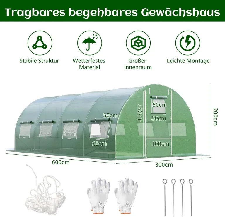 GOPLUS 6x3x2m Gewächshaus mit Metallrahmen, 18m² Gartengewächshäuser mit 8 Fenstern & 2 Türen, Foliengewächshaus für Bauernhof, Hinterhof & Garten (6x3x2m) – Bild 6