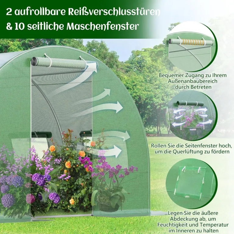 GOPLUS 6x3x2m Gewächshaus mit Metallrahmen, 18m² Gartengewächshäuser mit 8 Fenstern & 2 Türen, Foliengewächshaus für Bauernhof, Hinterhof & Garten (6x3x2m) – Bild 2