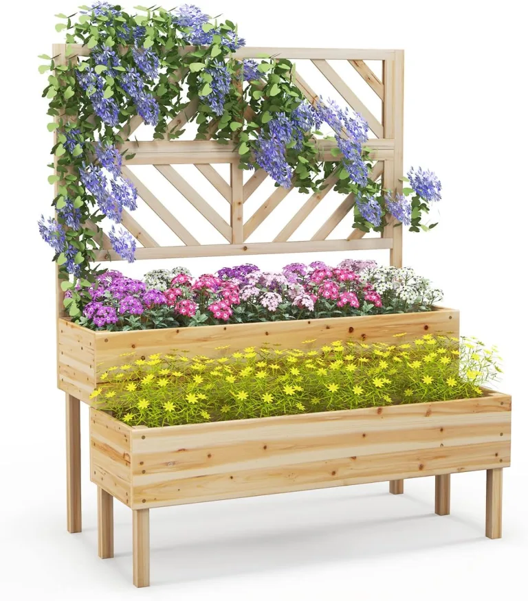 GOPLUS 2 Etagen Hochbeet mit Rankgitter, Pflanzkasten mit Rankhilfe, Gartenspalier Blumenkasten mit Entwässerungsloch für Kletterpflanzen Blumen (Natur)