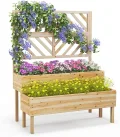 GOPLUS 2 Etagen Hochbeet mit Rankgitter, Pflanzkasten mit Rankhilfe, Gartenspalier Blumenkasten mit Entwässerungsloch für Kletterpflanzen Blumen (Natur) - Thumbnail 1