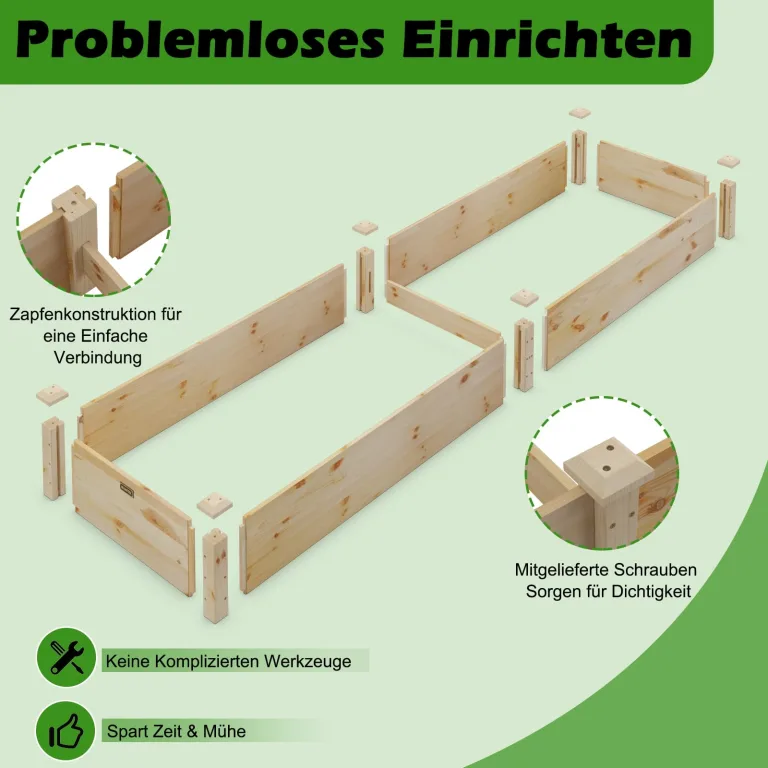 COSTWAY Hochbeet Gartenbeet Holz, 240 x 60 x 25 cm, Pflanzkasten für Gemüse, Blumen, Kräuter, Früchte, Blumenkasten Blumenbeet Kräuterbeet Pflanzbeet, für Hinterhof, Garten, Rasen (Natur) – Bild 3