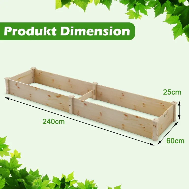 COSTWAY Hochbeet Gartenbeet Holz, 240 x 60 x 25 cm, Pflanzkasten für Gemüse, Blumen, Kräuter, Früchte, Blumenkasten Blumenbeet Kräuterbeet Pflanzbeet, für Hinterhof, Garten, Rasen (Natur) – Bild 5