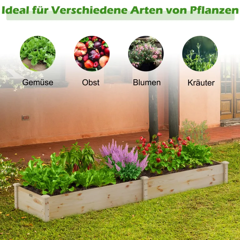 COSTWAY Hochbeet Gartenbeet Holz, 240 x 60 x 25 cm, Pflanzkasten für Gemüse, Blumen, Kräuter, Früchte, Blumenkasten Blumenbeet Kräuterbeet Pflanzbeet, für Hinterhof, Garten, Rasen (Natur) – Bild 6
