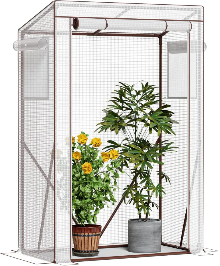 Amopatio Foliengewächshaus Überwinterungszelt 160x180cm, Gewächshaus für Pflanzen, Tomatengewächshaus mit verstärkter PE-Abdeckung/Mesh-Fenster/Rolltor/Geschliffene Nägel, Wetterfest Pflanzenhaus – Bild 8