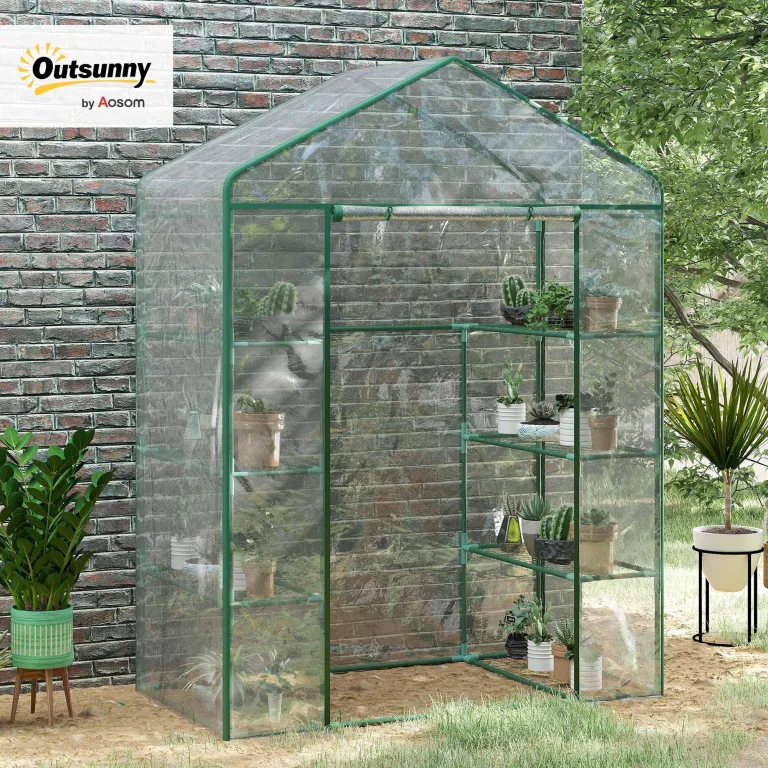 Outsunny Garten-Gewächshaus mit 4 Regalen, Balkongewächshaus, Gestell aus Stahl, Tür mit Reißverschluss, aufrollbar, für Gemüse, Pflanzen, Blumen, drinnen und draußen, 143 x 73 x 195 cm, transparent – Bild 2