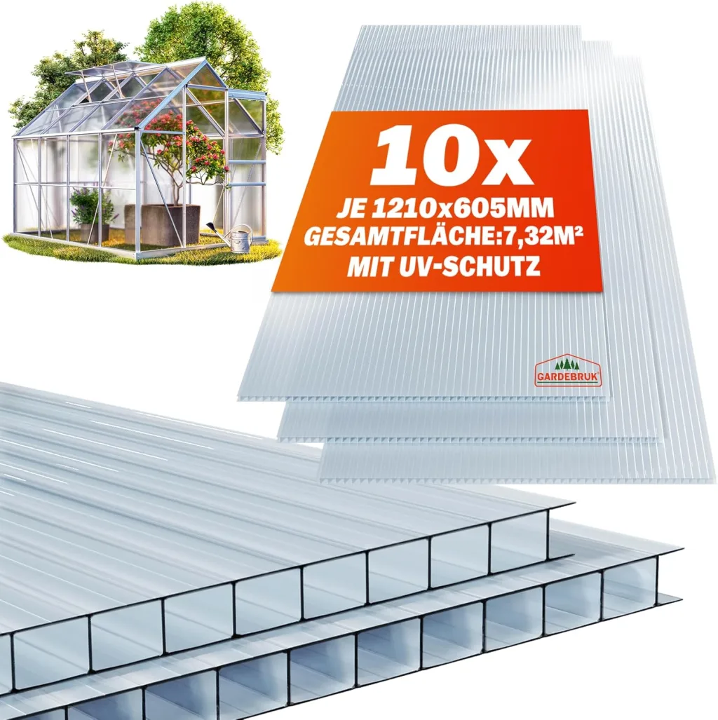 GARDEBRUK® 10x Doppelstegplatten 6mm Zuschneidbar 121x60,5cm Polycarbonat 7,3m² UV-beständig Klar Hohlkammerplatten Gewächshaus Platten Stegplatten