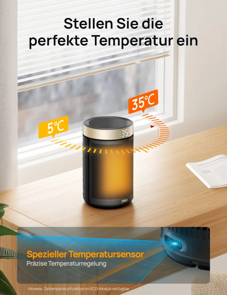 Dreo Energiesparender Heizlüfter, 34 dB Leiser 1500W Elektrischer PTC Keramik, Thermostat, Überhitzungs- & Kippschutz, 12 Std. Timer, Elektroheizung für Räume Schlafzimmer, Heater 316, Gold – Bild 7