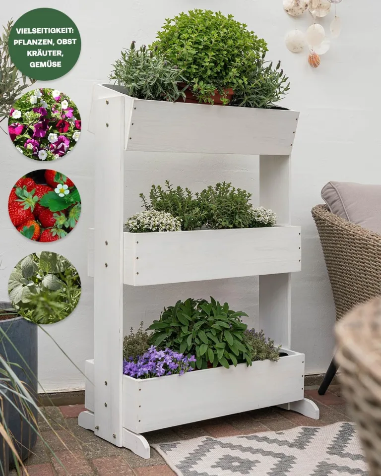 MaLa Hochbeet Balkon Weiß 3 Etagen Blumenkasten Gemüsebeet Kräuterbeet inkl. Gartenvlies schmales Vertikales Beet für Balkon Garten Terrasse Indoor aus Holz | Neigbare Funktion trifft Design – Bild 5