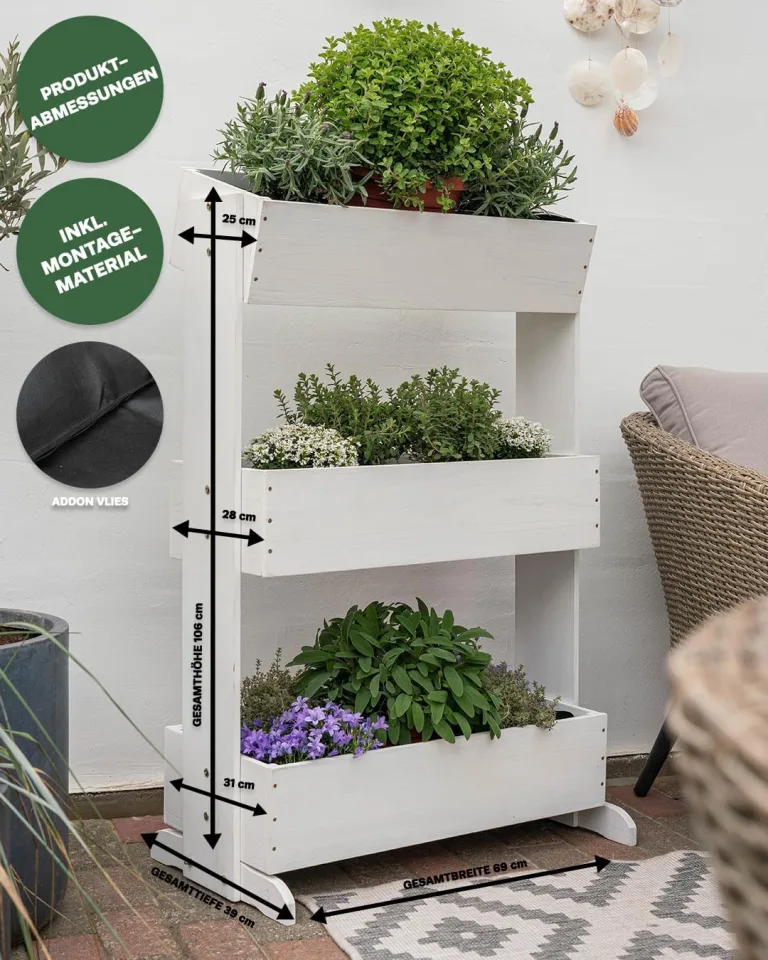MaLa Hochbeet Balkon Weiß 3 Etagen Blumenkasten Gemüsebeet Kräuterbeet inkl. Gartenvlies schmales Vertikales Beet für Balkon Garten Terrasse Indoor aus Holz | Neigbare Funktion trifft Design – Bild 6