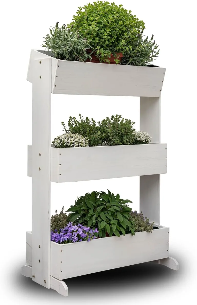 MaLa Hochbeet Balkon Weiß 3 Etagen Blumenkasten Gemüsebeet Kräuterbeet inkl. Gartenvlies schmales Vertikales Beet für Balkon Garten Terrasse Indoor aus Holz | Neigbare Funktion trifft Design – Bild 2