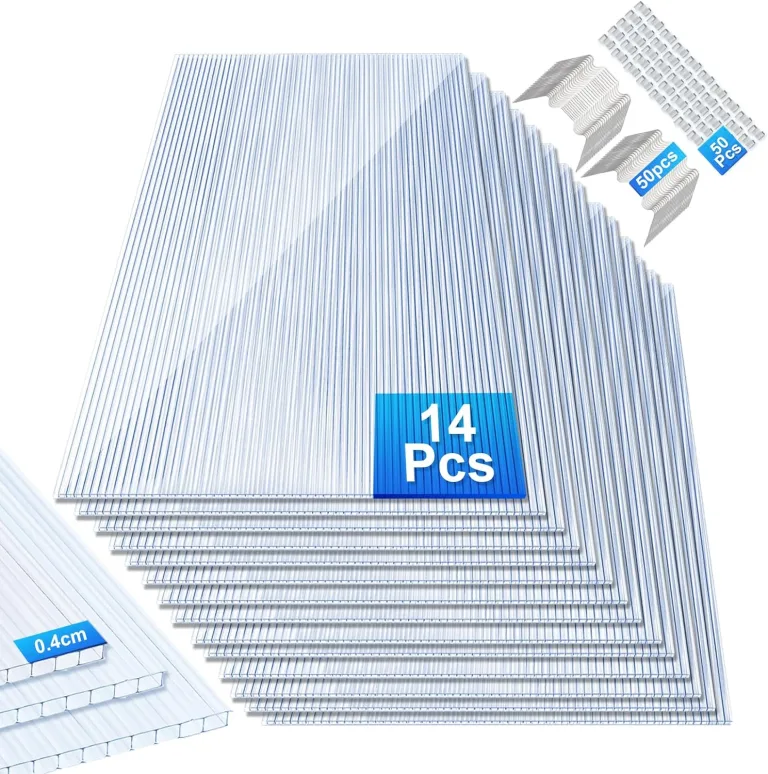 Gewächshausplatten 14 STK, mit 50 x W-Clips und 50 x Z-Clips, Zuschneidbarer,60,5x121 cm Polycarbonat Hohlkammerstegplatten 4mm klar,für Gewächshaus Gartenbau usw – Bild 1