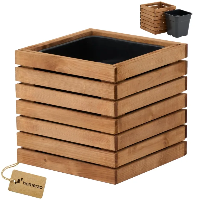 Pflanzkübel Holz – imprägniert wetterfest – mit herausnehmbarem Kunststoffeinsatz – Pflanztopf Blumenkasten für Balkon Garten Terrasse (Horizontal-braun 36x36 H80 cm) – Bild 7