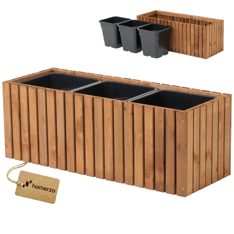 Pflanzkübel Holz – imprägniert wetterfest – mit herausnehmbarem Kunststoffeinsatz – Pflanztopf Blumenkasten für Balkon Garten Terrasse (Horizontal-braun 36x36 H80 cm) – Bild 9