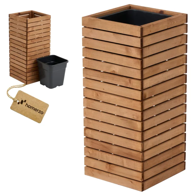Pflanzkübel Holz – imprägniert wetterfest – mit herausnehmbarem Kunststoffeinsatz – Pflanztopf Blumenkasten für Balkon Garten Terrasse (Horizontal-braun 36x36 H80 cm) – Bild 1
