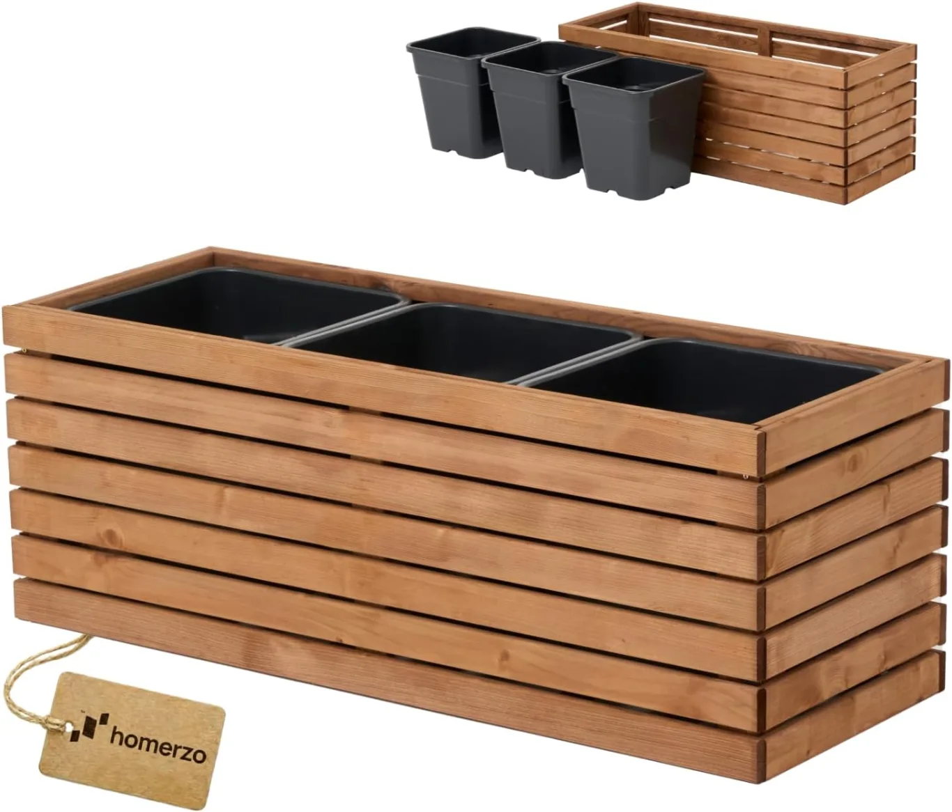 Pflanzkübel Holz – imprägniert wetterfest – mit herausnehmbarem Kunststoffeinsatz – Hochbeet Blumenkasten für Balkon Garten Terrasse (Horizontal-braun 98x36 H35 cm) - Bild 1