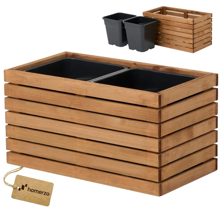Pflanzkübel Holz – imprägniert wetterfest – mit herausnehmbarem Kunststoffeinsatz – Hochbeet Blumenkasten für Balkon Garten Terrasse (Horizontal-braun 67x36 H35 cm) – Bild 1