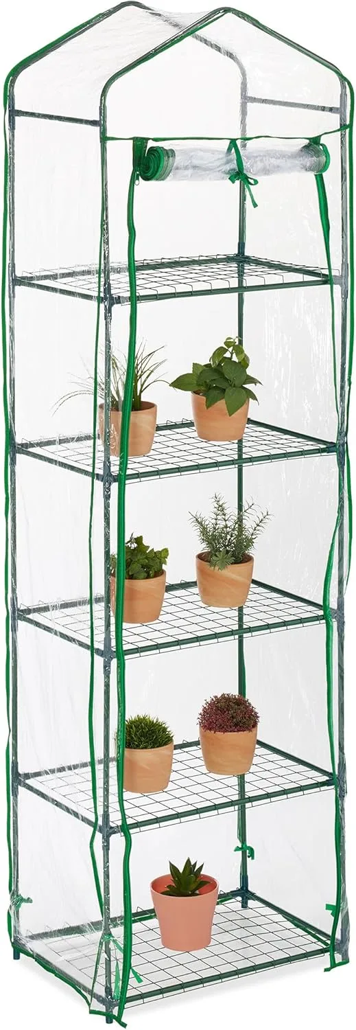 Relaxdays Gewächshaus Balkon, HBT: 193 x 58 x 36 cm, 5 Etagen, Eisen & PVC-Folie, Foliengewächshaus, transparent/grün – Bild 1