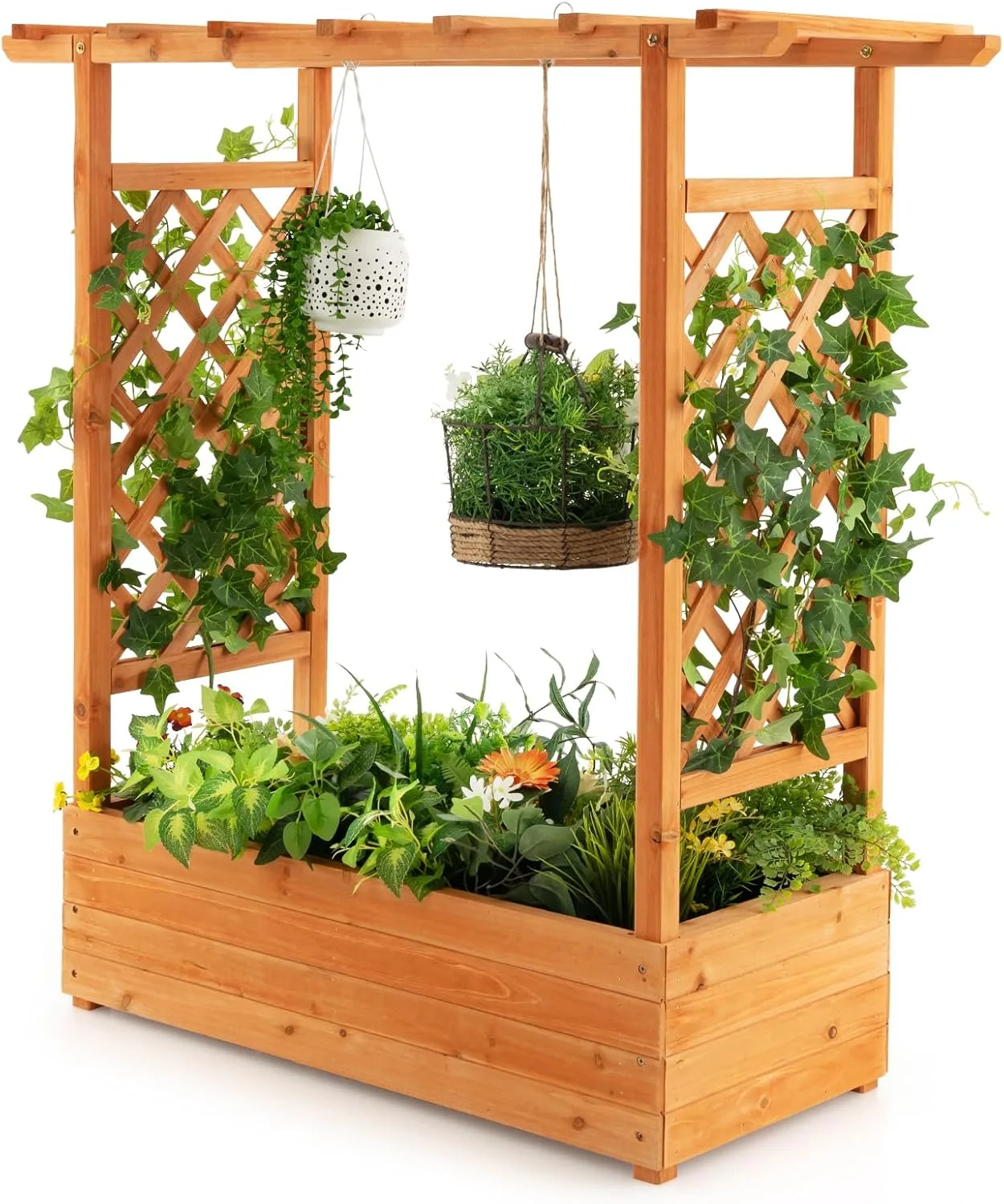 HOMASIS Blumenkasten mit 2 Rankgitter & Dachregal, Hochbeet mit Spalier, Holz Pflanzkasten für Kletterpflanz, Pflanzkübel Pflanzgefäß Rankhilfe für Garten Balkon Terrasse (110x44x113,5cm, Orange) - Bild 1