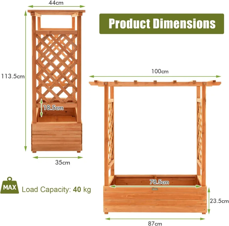HOMASIS Blumenkasten mit 2 Rankgitter & Dachregal, Hochbeet mit Spalier, Holz Pflanzkasten für Kletterpflanz, Pflanzkübel Pflanzgefäß Rankhilfe für Garten Balkon Terrasse (110x44x113,5cm, Orange) – Bild 6