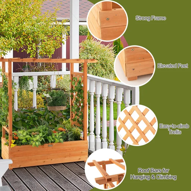 HOMASIS Blumenkasten mit 2 Rankgitter & Dachregal, Hochbeet mit Spalier, Holz Pflanzkasten für Kletterpflanz, Pflanzkübel Pflanzgefäß Rankhilfe für Garten Balkon Terrasse (110x44x113,5cm, Orange) – Bild 4