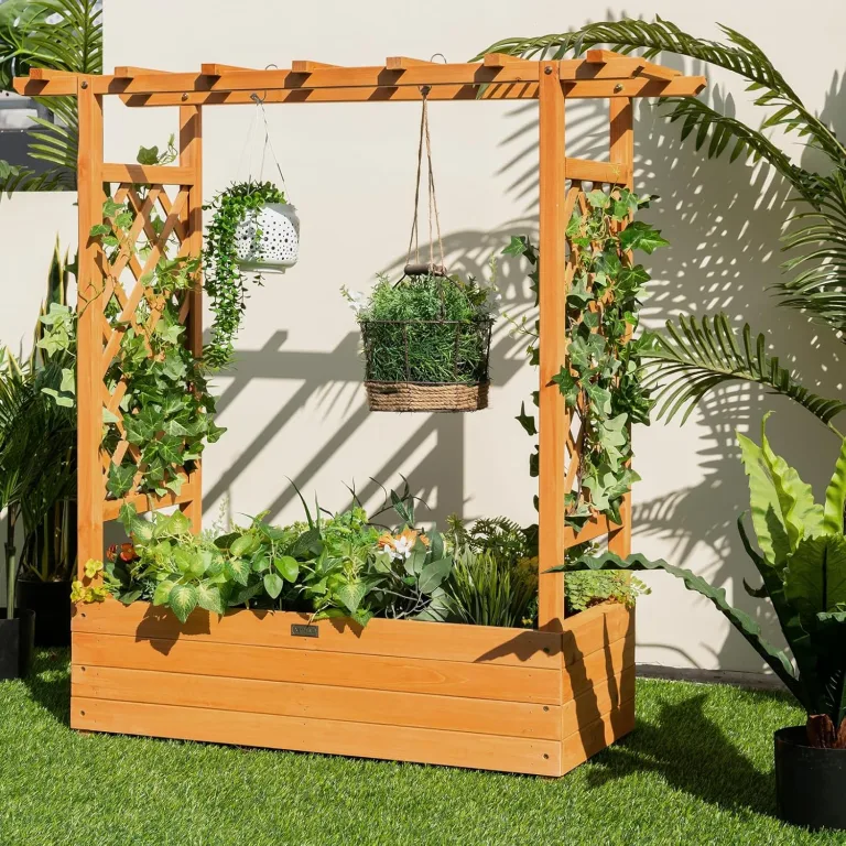 HOMASIS Blumenkasten mit 2 Rankgitter & Dachregal, Hochbeet mit Spalier, Holz Pflanzkasten für Kletterpflanz, Pflanzkübel Pflanzgefäß Rankhilfe für Garten Balkon Terrasse (110x44x113,5cm, Orange) – Bild 5