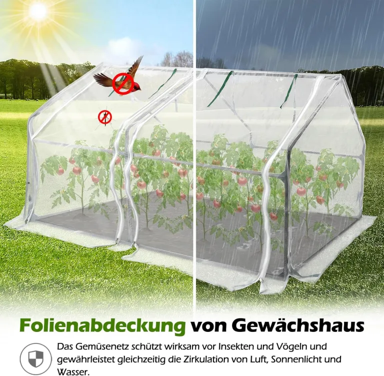 UISEBRT Foliengewächshaus Gewächshaus für Tomaten 180 x 90 x 90 cm Tomatengewächshaus mit Gemüsenetz, 2 Aufrollbare Tür, Treibhaus für Garten Balkon, Weiß – Bild 4