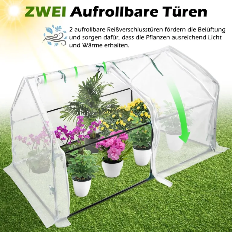 UISEBRT Foliengewächshaus Gewächshaus für Tomaten 180 x 90 x 90 cm Tomatengewächshaus mit Gemüsenetz, 2 Aufrollbare Tür, Treibhaus für Garten Balkon, Weiß – Bild 5