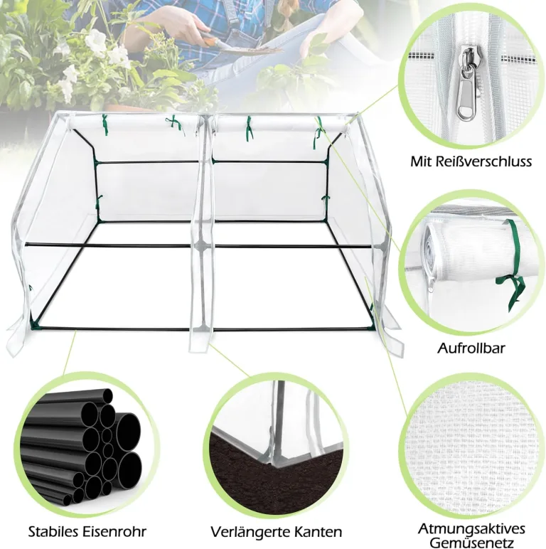 UISEBRT Foliengewächshaus Gewächshaus für Tomaten 180 x 90 x 90 cm Tomatengewächshaus mit Gemüsenetz, 2 Aufrollbare Tür, Treibhaus für Garten Balkon, Weiß – Bild 6