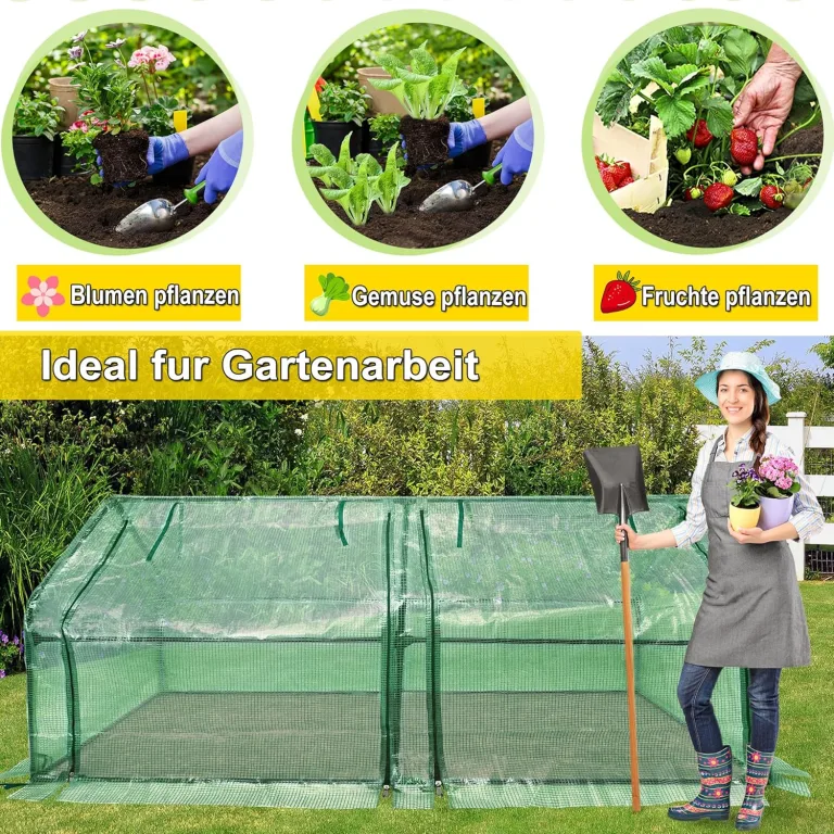 Mini Gewächshaus Tomatengewächshaus 180x90x90cm Foliengewächshaus Tomatenhaus Frühbeet Treibhaus mit Fenster & Tür HDPE Regenschutz UV-beständig Frostbeständig (Grün - Wärmeabdeckung) – Bild 3