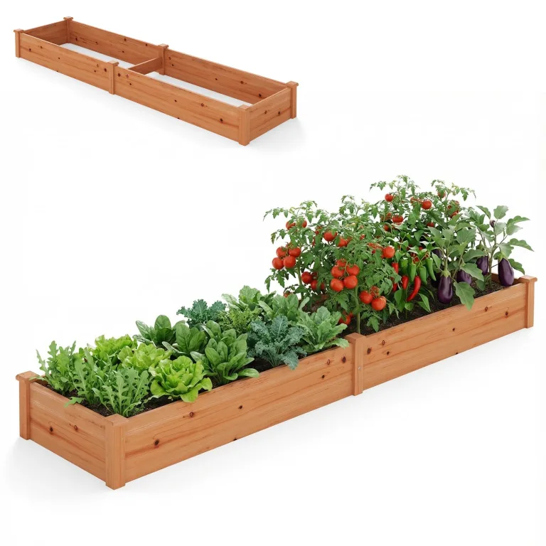 HOMASIS Hochbeet aus Holz, Pflanzkasten aus Tannenholz, Blumenkasten mit offnen Boden, Gartenbeet für Kräuter, Gemüse, Pflanzen, Pflanzenbeet für Garten, Balkon, Terrasse, 240 x 60 x 25 cm, Natur – Bild 9